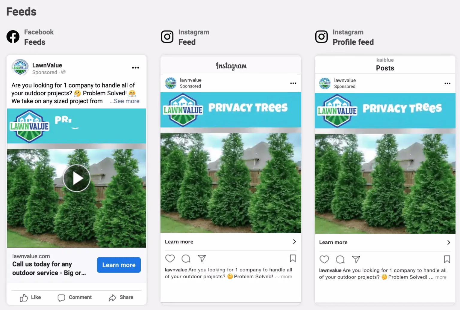 Social media management feeds showing targeted landscaping ads